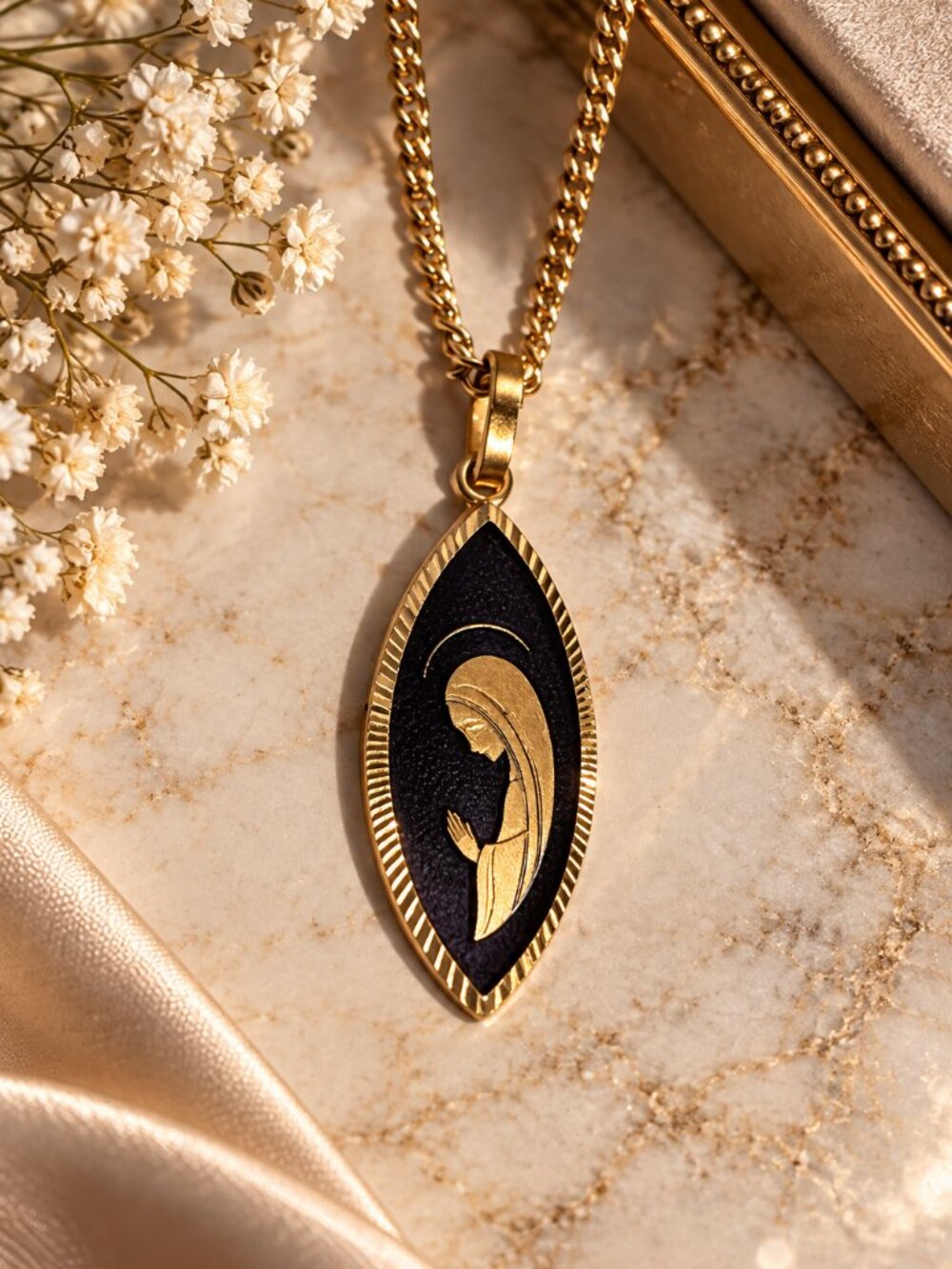 Vintage Enamel Virgin Mary Pendant Necklace